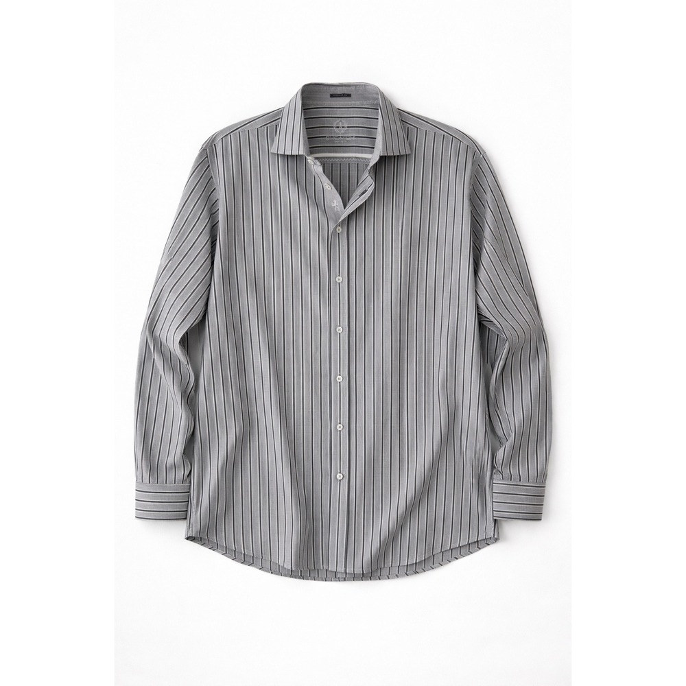 Bugatchi Uomo Mens XXL Classic Fit Grey Black Striped‎ Cotton Button Down Shirt